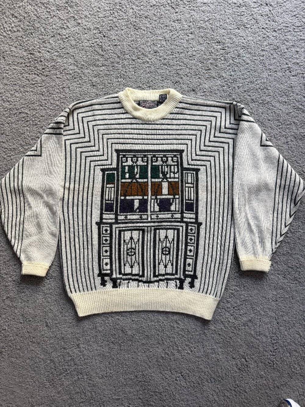 Vtg 90s Anchor Blue Illusion Antique Cabinet Sweater Sz. XL - Architecture Theme